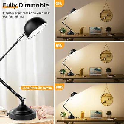 Touch Control LED Desk Lamp with USB Charging Port, Architect Black Metal Lamp with Adjustable Swing Arm, Dimmable Modern Table Lamp for Home Office Reading Study, 3000K/4000K/5000K 3 Color Modes