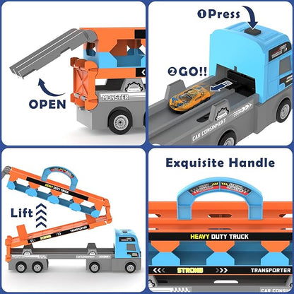 2-in-1 Foldable Race Track Truck Car Playset for 2-8 Years Old Boys Girls, Kids Truck Toys with Foldable 3 Layer Play Track & 8 Race Cars, Children's Day Birthday Gifts for Toddlers