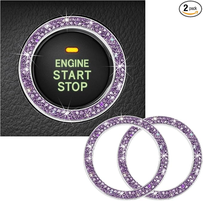 Kewucn 2 PCS Bling Crystal Double Rhinestone Car Engine Start Decoration Ring, Sparkling Push Start Button Sticker, Key Ignition & Knob Ring Decoration, Bling Car Interior Accessory(Purple)