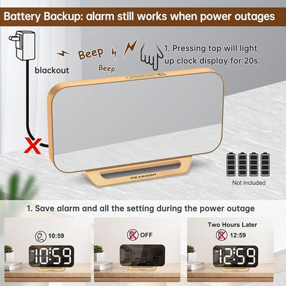 Peakeep Slim Digital Mirror Aesthetic Alarm Clock for Bedrooms Desk Decor | Plug in Electric Big LED Modern Small Clock for Office Living Room, Battery Backup, 6 Dimmers (Gold)