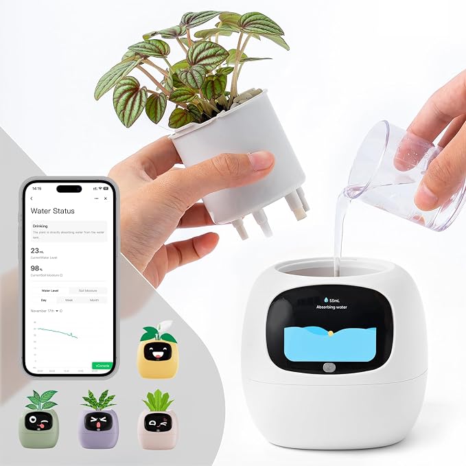 Smart Plant Pot with Visual Display – Soil Moisture, Water Level, Light & Battery Monitor, 80ml Self-Watering Reservoir, Supports 50+ Plants, Pomodoro Timer, Clock & Calendar (White)