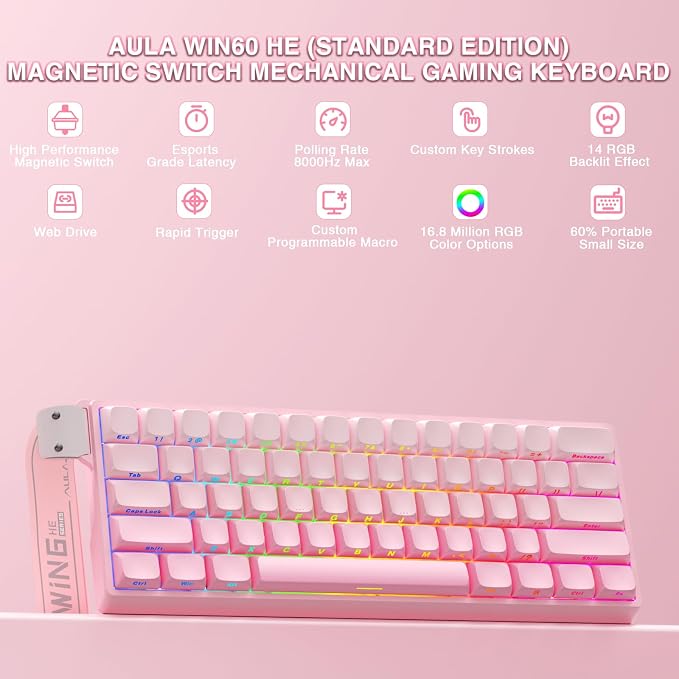 Aula WIN60 HE - 60% Mechanical Gaming Keyboard Wired, Hall Effect Magnetic Switch Hot Swappable,8000 Hz Polling Rate, RGB Keyboard 60 Percent Compact Design for PC (Gradient Pink)