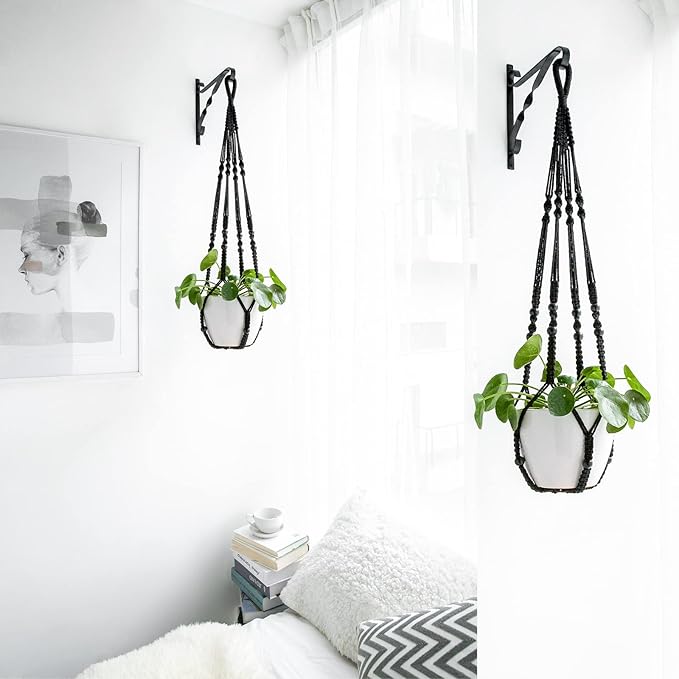Mkono Macrame Plant Hanger Indoor Hanging Planter Basket with Wood Beads Decorative Flower Pot Holder No Tassels for Indoor Outdoor Boho Home Decor 35 Inch, Black, Set of 1 (POTS NOT Included)