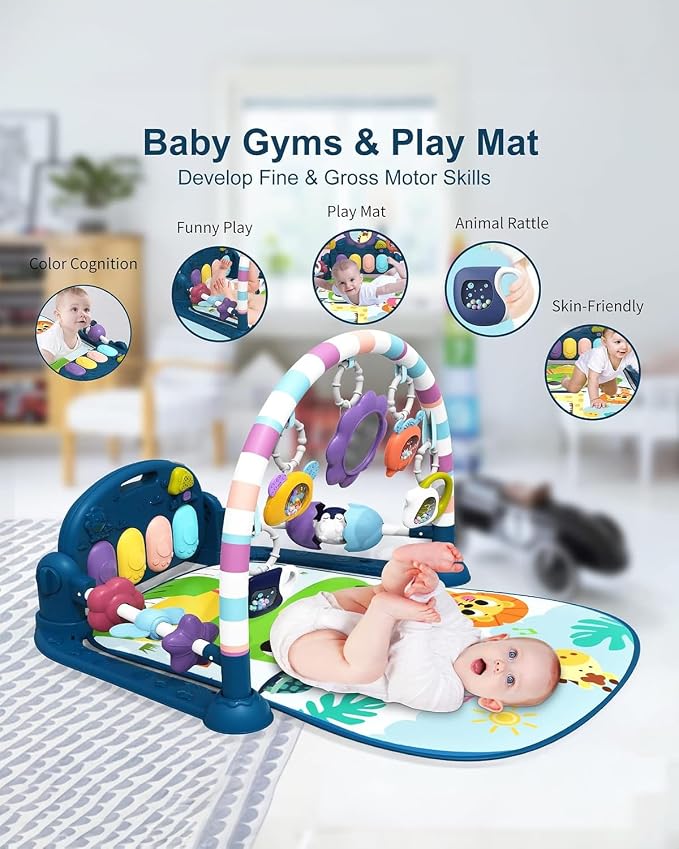 dearlomum Baby Play Mat Gym, Funny Play Piano Tummy Time Activity Mat with 5 Infant Sensory Toys, Music and Lights, Boy & Girl Gifts for Newborns 0 to 3 6 9 12 Months（New Blue）