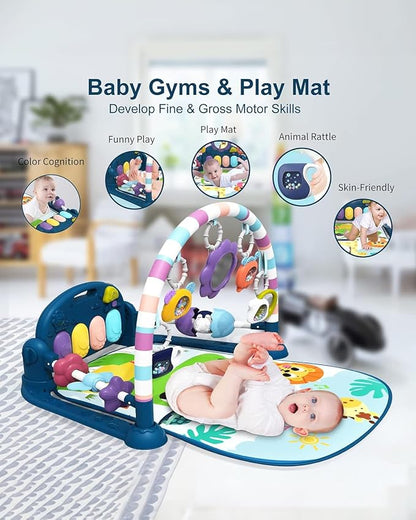 dearlomum Baby Play Mat Gym, Funny Play Piano Tummy Time Activity Mat with 5 Infant Sensory Toys, Music and Lights, Boy & Girl Gifts for Newborns 0 to 3 6 9 12 Months（New Blue）