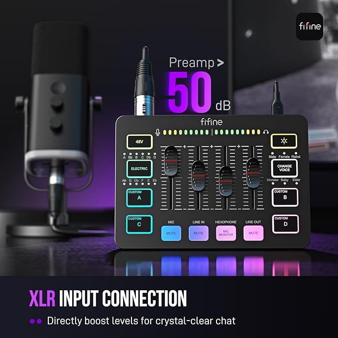 FIFINE Gaming Audio Mixer, Streaming RGB PC Mixer with XLR Microphone Interface, Individual Control, Volume Fader, Mute Button, 48V Phantom Power, for Podcast/Recording/Vocal/Game Voice-AmpliGame SC3 | USB PnP For PC,Mute Button,XLR Preamp,RGB,Voice ch...