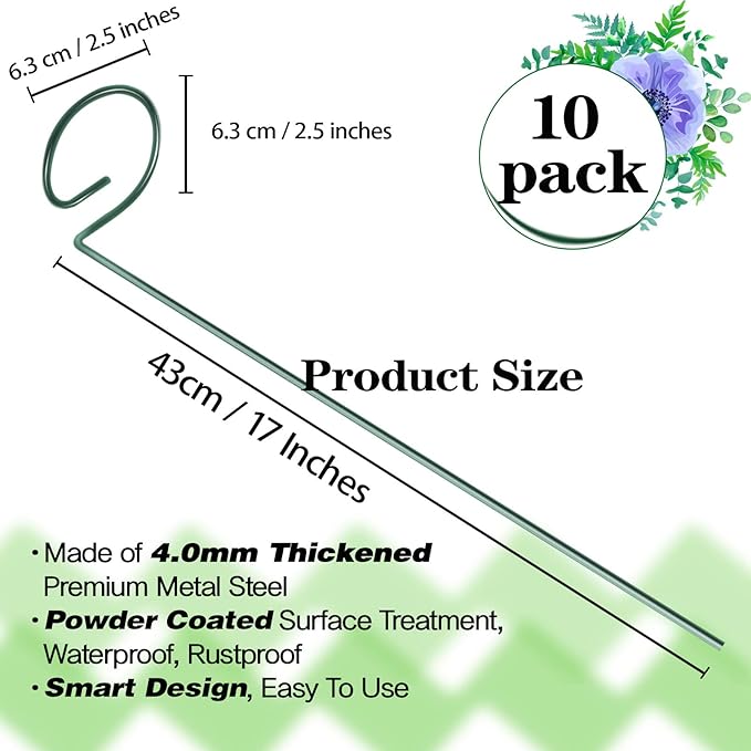 HiGift 10 Pack 17 inches Plant Support Plant Stakes with 20 Pcs Plant Clips, Metal Garden Single Stem Flower Support Stick Plant Cage Support Ring for Amaryllis Orchid Peony Rose Tomato