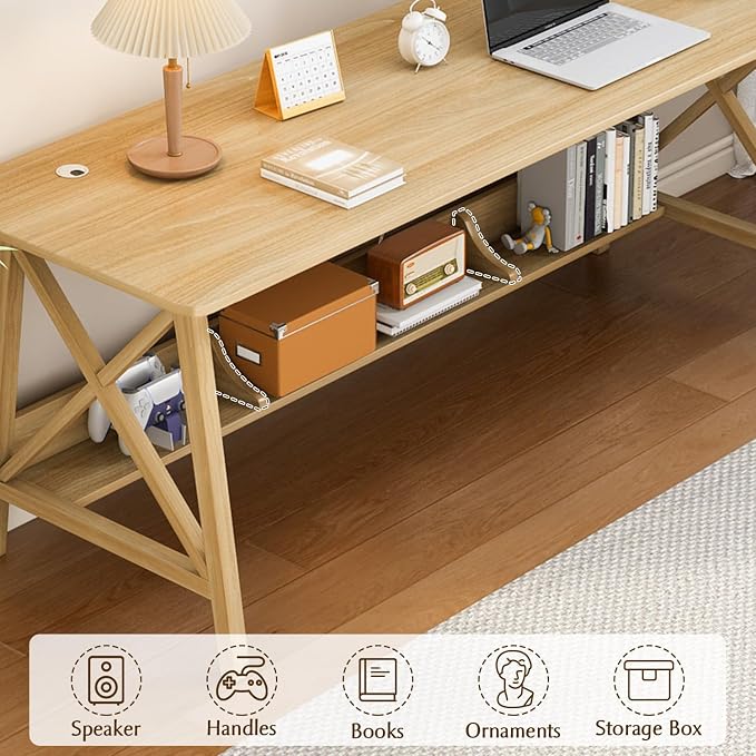 NELYE Extra Long Writing Desk with Bookshelf, 63" Wx24 Dx30 H, Oak | Wooden Home Office Work Study Table, Computer Gaming Workstation with Storage Shelf, Sturdy MDF Resists Wobble