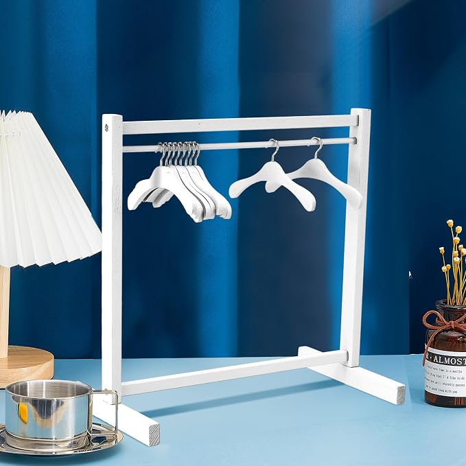 Civaner 11 Pcs Doll Garment Rack with Wooden Clothes Hanger for 18 Inch Girl Doll Clothes Mini Hangers Wardrobe Furniture Accessories for Dollhouse Baby Shower Supplies (White)