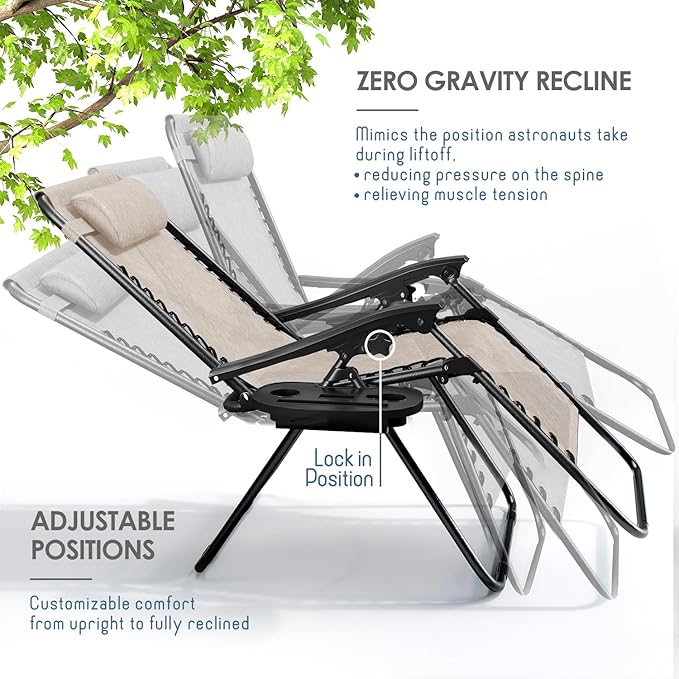 Nestl Zero Gravity Chairs Set of 2, Patio Lounge Chair Outdoor with Pillows & Cup Holder Trays, Adjustable Steel Mesh Reclining Camping Chair, Folding Patio Lawn Chair for Deck, Beach, Yard - Beige