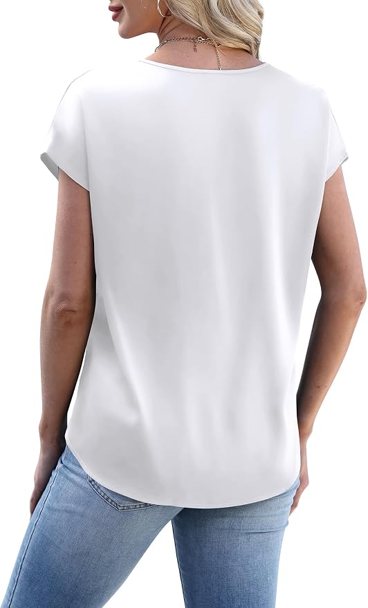 WIHOLL Womens Satin Summer Tops Cap Short Sleeve Blouses V Neck Shirts Business Casual Outfits Fashion Clothing 2026