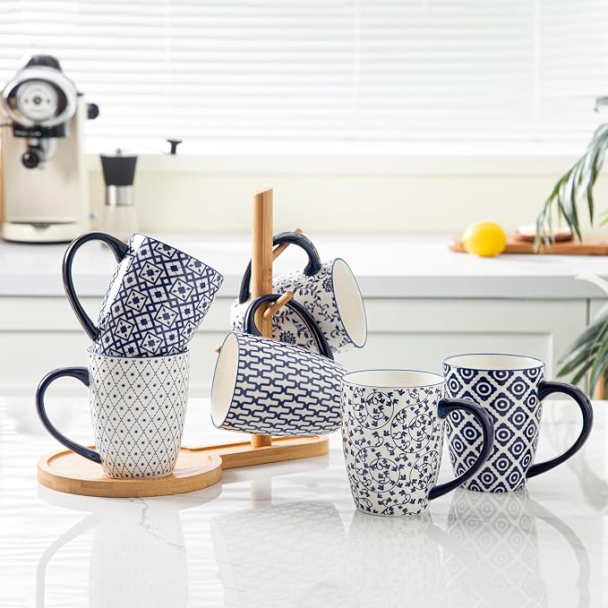 Ceramic Coffee Mugs Set - 16 Oz Large Porcelain Tea Cups with Handle for Men Women Latte Cocoa Cappuccino - Christmas Housewarming Gift - Dishwasher Safe - Set of 6 - Vintage Blue