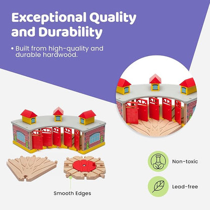 maxim enterprise, inc. Wooden Train Round House Combo with Rotating Turntable, Train Shed to House 5 Engines or Cars, Rotating Turntable Switching Track Compatible with Major Brand Railway Sets