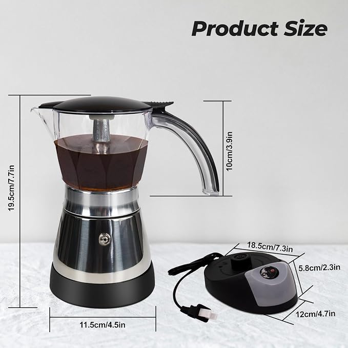 Electric Plastic Clear Moka Pot 3-6 Cup 150-300ml Mocha Pot | Stainless Steel Espresso Maker with Detachable Base Ideal Coffee Maker for Home Italian and Cuban Café Coffeemaker Black