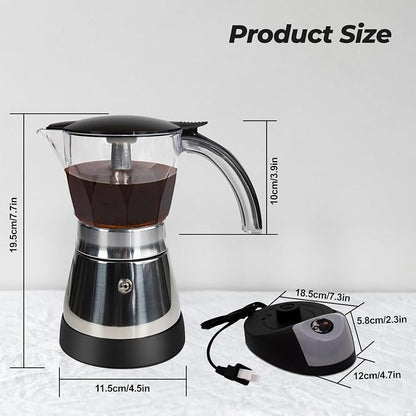Electric Plastic Clear Moka Pot 3-6 Cup 150-300ml Mocha Pot | Stainless Steel Espresso Maker with Detachable Base Ideal Coffee Maker for Home Italian and Cuban Café Coffeemaker Black
