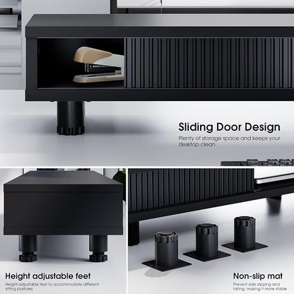 Fenge Dual Monitor Stand, 42.5inch Long Monitor Stands Riser for 2 Monitors, Glass Sliding Door with Storage Organizer Stand for Desk, 2 Tier Desk Shelf for Laptop, Pc, Printer, Computer, TV
