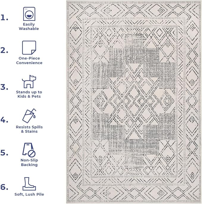 nuLOOM Mia Machine Washable Geometric Medallion Runner Rug, 2' 6" x 8', Light Grey, Rectangular