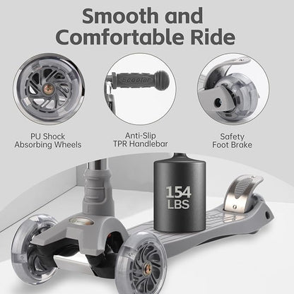 3 Wheel Scooter for Kids Ages 6-12,Kids Scooter with Light Up Wheels, Sturdy Deck Design, and 4 Height Adjustable Suitable for Kid Ages 3-12