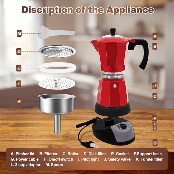 Electric Aluminum Moka Pot 3-6 Cup 150-270ml Espresso Maker | with Detachable Base Ideal Coffee Makers for Home MochaPot Italian and Cuban Café Coffeemaker Espressomaker CoffeePot Red