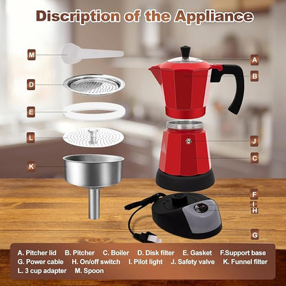 Electric Aluminum Moka Pot 3-6 Cup 150-270ml Espresso Maker | with Detachable Base Ideal Coffee Makers for Home MochaPot Italian and Cuban Café Coffeemaker Espressomaker CoffeePot Red