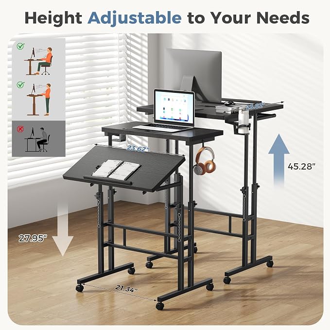 DUMOS Rolling Standing Desk, Sit Stand Desk, Computer Cart | 23.6 Inch Width, Height Adjustable, Split Top, Mobile Laptop Workstation, Office Table, Portable Design, Black