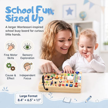 Busy Board with LED Light Switches, Montessori Toys for 1 2 3 Years Old, Toddlers Wooden Toy Sensory Activity Board, Travel Toys for 1+ Year Old Boy & Girl Birthday Gift (School 19 Switches)