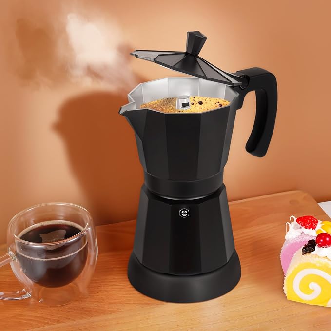 Electric Moka Pot, 3 or 6 Cup Espresso Coffee Maker, Black | Food-grade aluminum, dose reduction plate, boil-dry protection, auto-stop, detachable base, for Cuban and Italian coffee