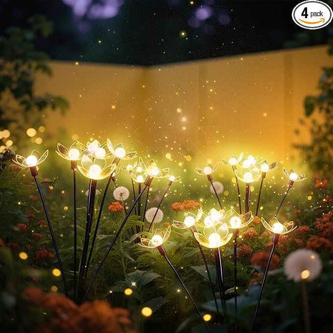 Solar Lights Outdoor, Solar Firefly Swaying Light with Flower, Garden Decor Lights, IP65 Waterproof, 2 Lighting Modes, Yard Patio Pathway Decoration, Gifts for Women, Grandma (4Pack 24LED)