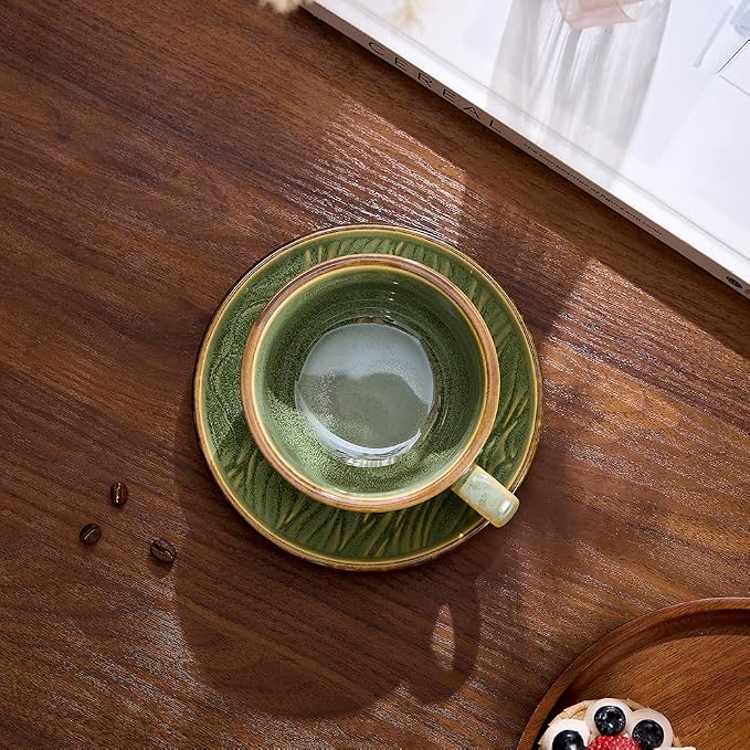 Coffeezone Vintage Design 12 oz Ceramic Latte Art Cappuccino Barista Cup with Saucer (Wave Green)