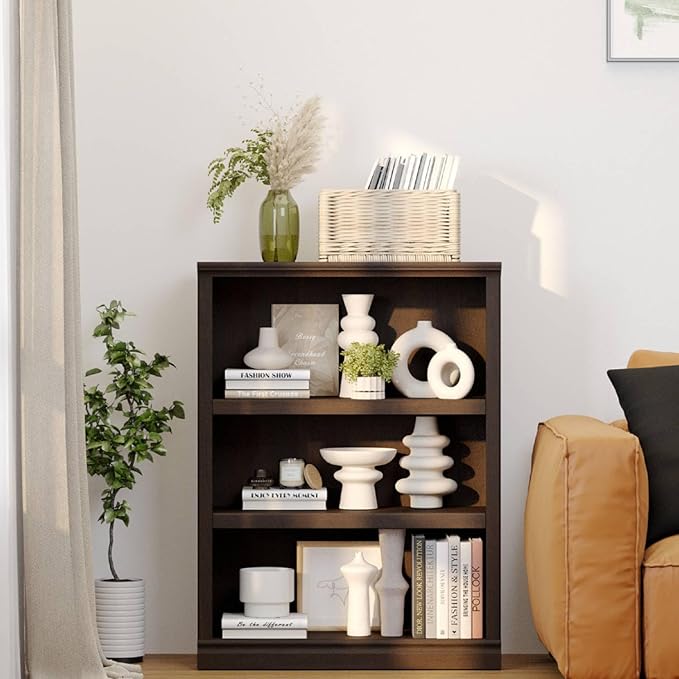 blini 3-Shelf Bookcase Wooden Bookshelves Dark Cherry 33in Wide Floor Standing Display Storage Shelves Tall Bookcase for Home Office, Living Room, Bed Room