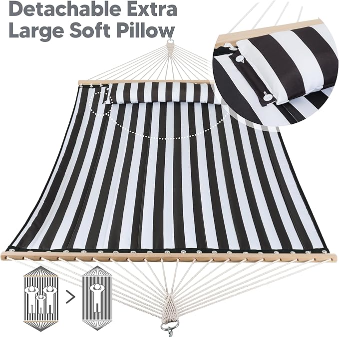 SUNCREAT Double Quilted Hammock with Hardwood Spreader Bar, Extra Large Soft Pillow, Heavy Duty 2 Person Hammock for Indoor, Outdoor, Black Stripes