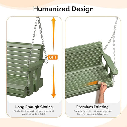 VINGLI Upgraded Patio Wooden Porch Swing for Courtyard & Garden, Heavy Duty 880 LBS Swing Chair Bench with Hanging Chains for Outdoors (Green, 4 FT)