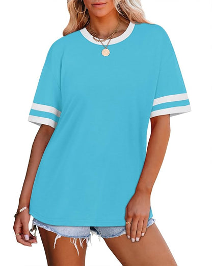 WIHOLL Womens T Shirts Loose Fit Short Sleeve Tees Crew Neck Color Block Summer Tops 2026 Fashion