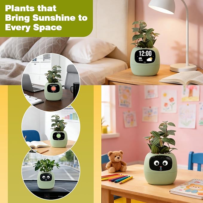 Upgraded AI Smart Flower Pot Multi-Emotion Interactive Digital Display Self Watering Planter, Monitor Soil Moisture/Water Level/Light/Battery, Supports 50+ Plants Decor for Desk Home Pet Office(Green)