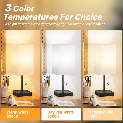 Bedside Lamp for Bedroom - 3 Color Temperatures, USB A+C, 2 AC Outlets | Pull Chain Switch, LED Bulb Included, White Fabric Shade, 17.4" Table Lamp for Nightstand, Desk, Living Room, Office