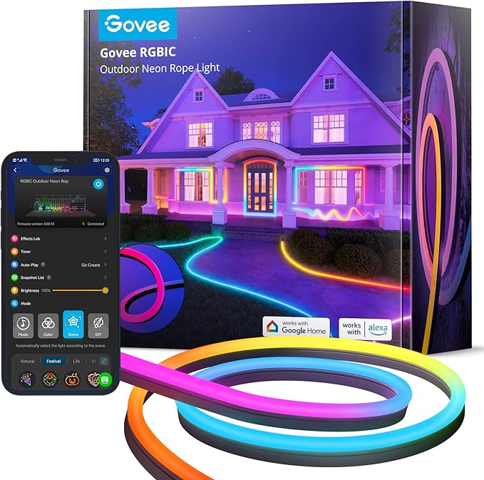 Govee Outdoor Neon Rope Lights, 32.8ft RGBIC IP67 Waterproof Patio Decorations with 64 Scene Modes, Music Sync, Flexible LED Outdoor Lights, Neon Lights Work with Alexa, Google Assistant