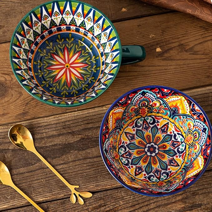 Bohemian Hand-Painted Ceramic Mug, 15 Oz Large Coffee Cup for Milk, Tea, and Breakfast, Dishwasher & Microwave Safe Artisan Cup, Mug Green-A