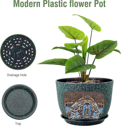 12 inch Large Plant Pots, Plastic Planters with Drainage Holes and Saucers, Flower Pots for Indoor Outdoor Plants, Decorative Pots for Garden House Plants, Black with Green Speckles