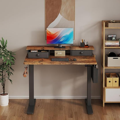 Electric Standing Desk Adjustable Height - 40 Inch Sit Stand Desk with Storage Drawers , Small Standing Desks with Shelf Monitor Stand, Kids Girls Computer Desks for Bedroom Home Office, Rustic Brown