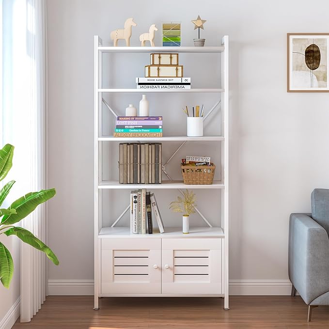 Storage Cabinet with 4 Open Shelves,1 Cupboard,White Bathroom Display Standing Shelf, White Wooden and Metal Frame Shelf for Living Room, Bathroom Bedroom, Home Office Organizer