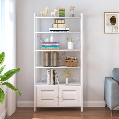 Storage Cabinet with 4 Open Shelves,1 Cupboard,White Bathroom Display Standing Shelf, White Wooden and Metal Frame Shelf for Living Room, Bathroom Bedroom, Home Office Organizer