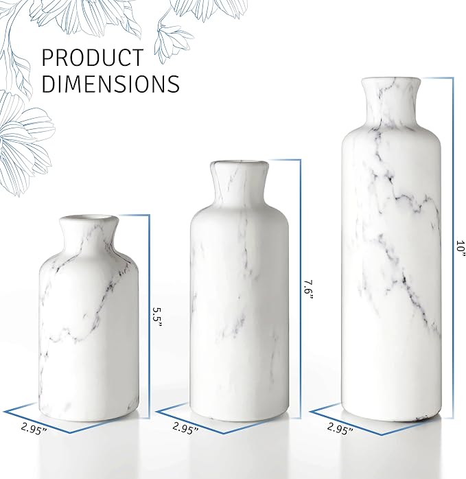Creative Scents White Marble Look Vases Home Decor - Vase Set of 3 - Perfect for Holding Pampas Grass, Dried/Fresh Flowers, Vases for Your Kitchen, Bedroom, Office, Living/Dining Room, or Shelf Decor