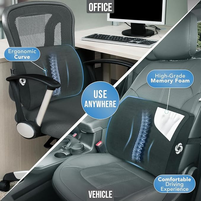 Samsonite Lumbar Support Pillow for Office Chair and Car Seat, Perfectly Balanced Memory Foam, Versatile Use Lower Back Cushion, Black Plush