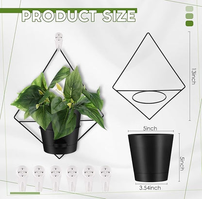 Baderke 6 Sets Wall Planters for Indoor Plants Hanging Wall Planter with Metal Holder Geometric Self Watering Wall Pots Mounted Succulent Pots, 5" Black Plant Container