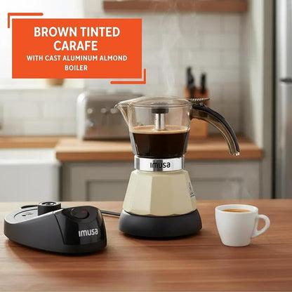IMUSA 3 or 2 Cup Electric Espresso Maker with Cool-touch Handle, Almond | Bare Aluminum Finish, Keep Warm Function and Detachable Base, Ideal for Cuban and Italian Drinks, Perfect for Home Baristas