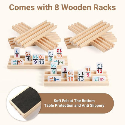 Mexican Train Dominoes Set with Numbers and 8 Wooden Trays/Racks, Double 15 Dominos Travel Set with 8 Tiles Holders, 136 Tiles Double 15 Colored Dominoes Game Set with Zippered Case for Family Kids