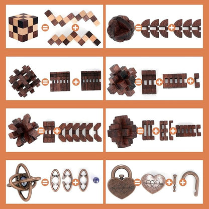 8 Pcs Brain Teaser Puzzles for Adults Teens - Metal Puzzles 3D Puzzle Game Toys for Adults Teens - Wooden Unlock Interlocking Puzzle Adult IQ Education Smart Toys