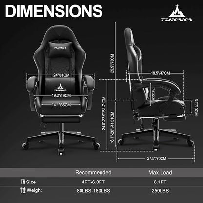 Gaming Chair,Ergonomic Massage Office Desk Chair with Footrest,Black | Pocket Spring Cushion,Reclining,Thick High Back,Headrest and Lumbar Support,Adjustable Leather Computer Chair Gamer Chair