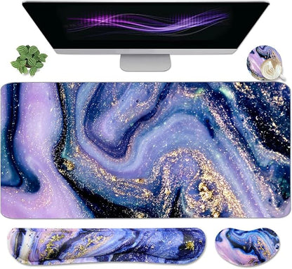 4-in-1 Large Gaming Mouse Pad and Keyboard Wrist Rest, Desk Pad for Keyboard and Mouse, Non-Slip Desk Mat for Home Office Study Game-Purple Marble