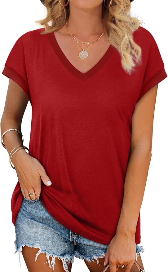 WIHOLL Womens Summer Tops 2026 Cap Short Sleeve Shirs V Neck T Shirts Fashion Beach Vacation Clothes Color Block